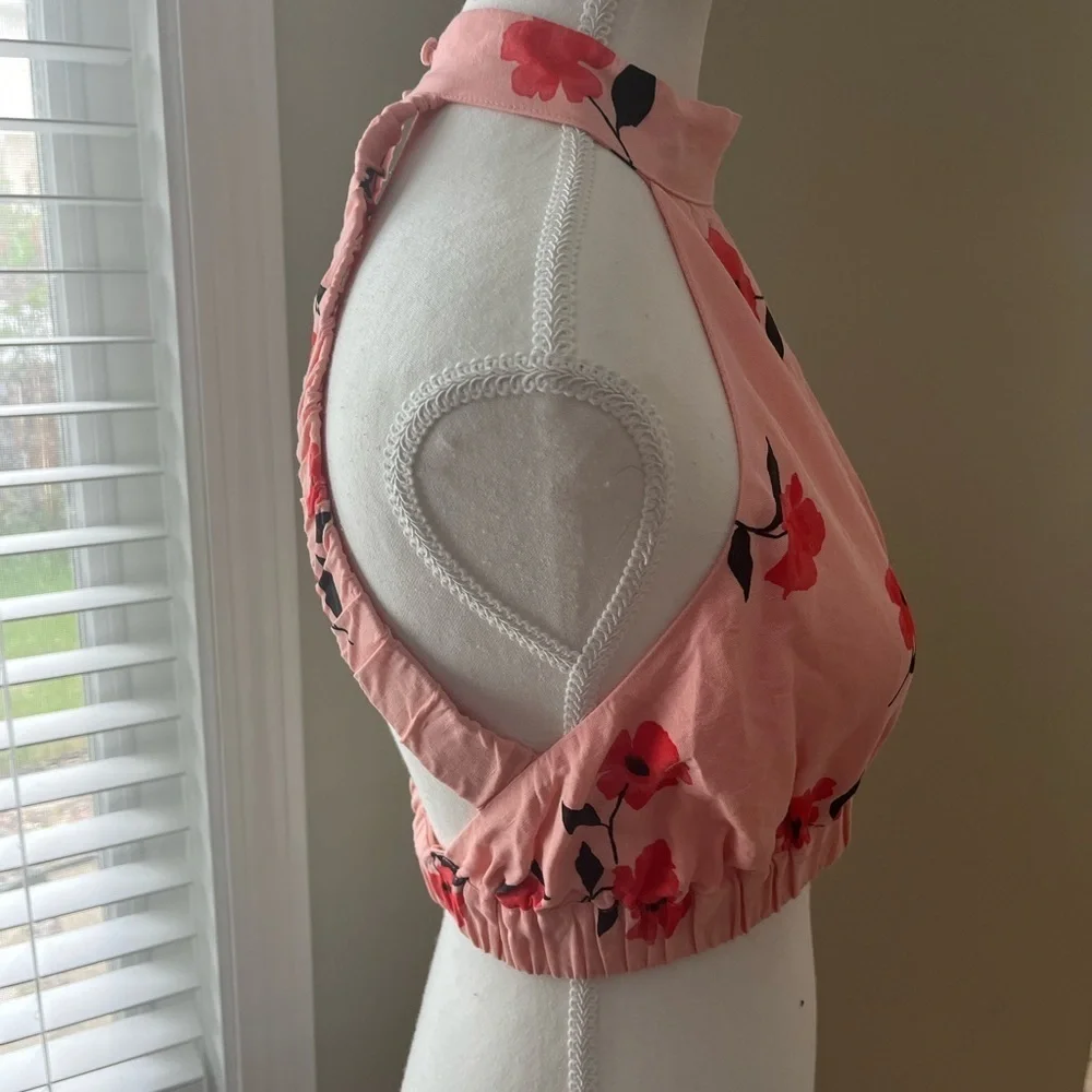 [XS]Zara Crop Top Coral Floral Print Linen-Blend Halter Neck - Picture 4 of 8